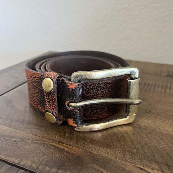 Perry Ellis Other - vintage full grain leather‎ 40 brown Orange belt COWHIDE y2k 1990s Heavy Buckle